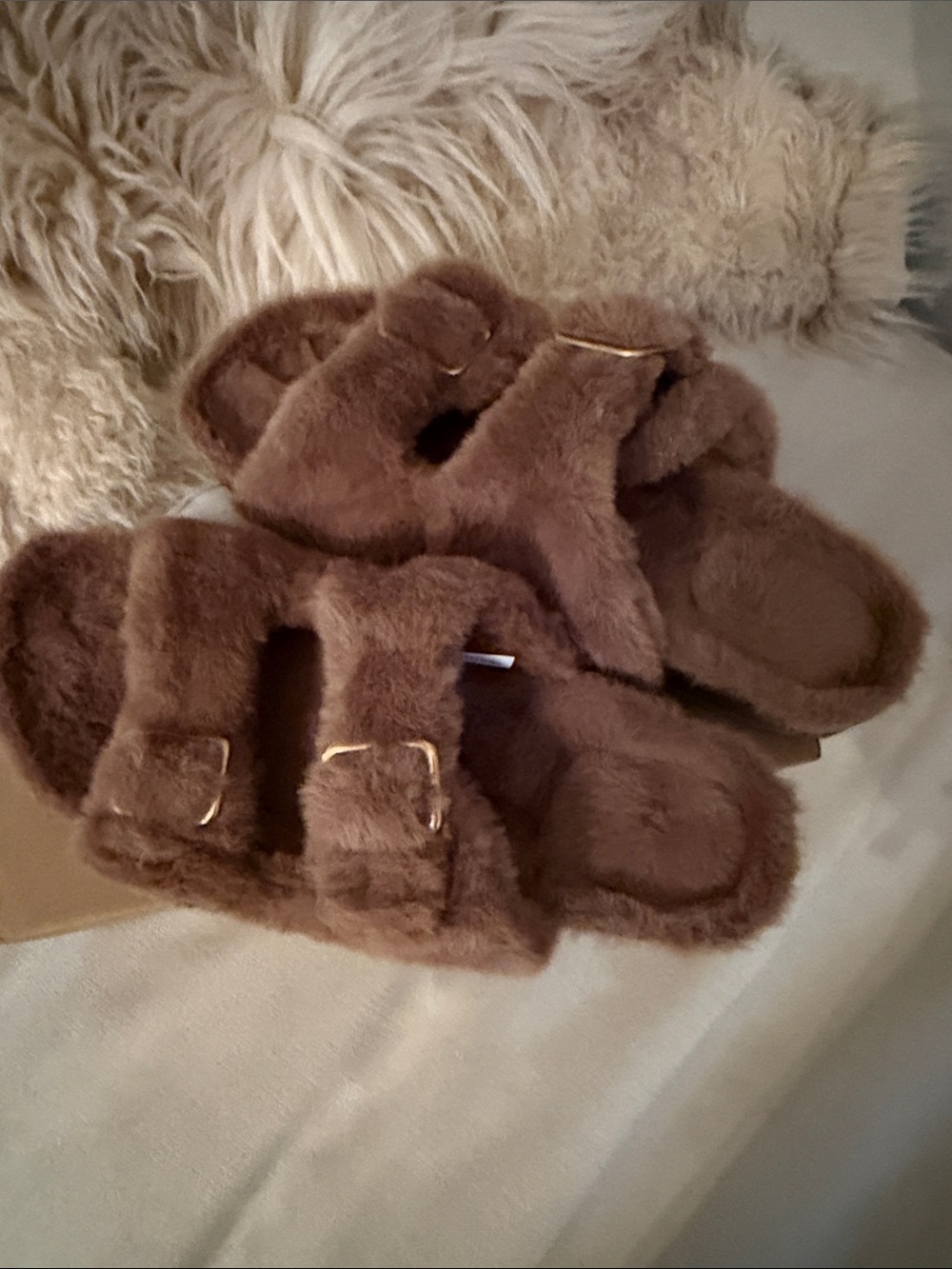 Cozy Faux-Fur Double Strap Slide Sandals - Brown